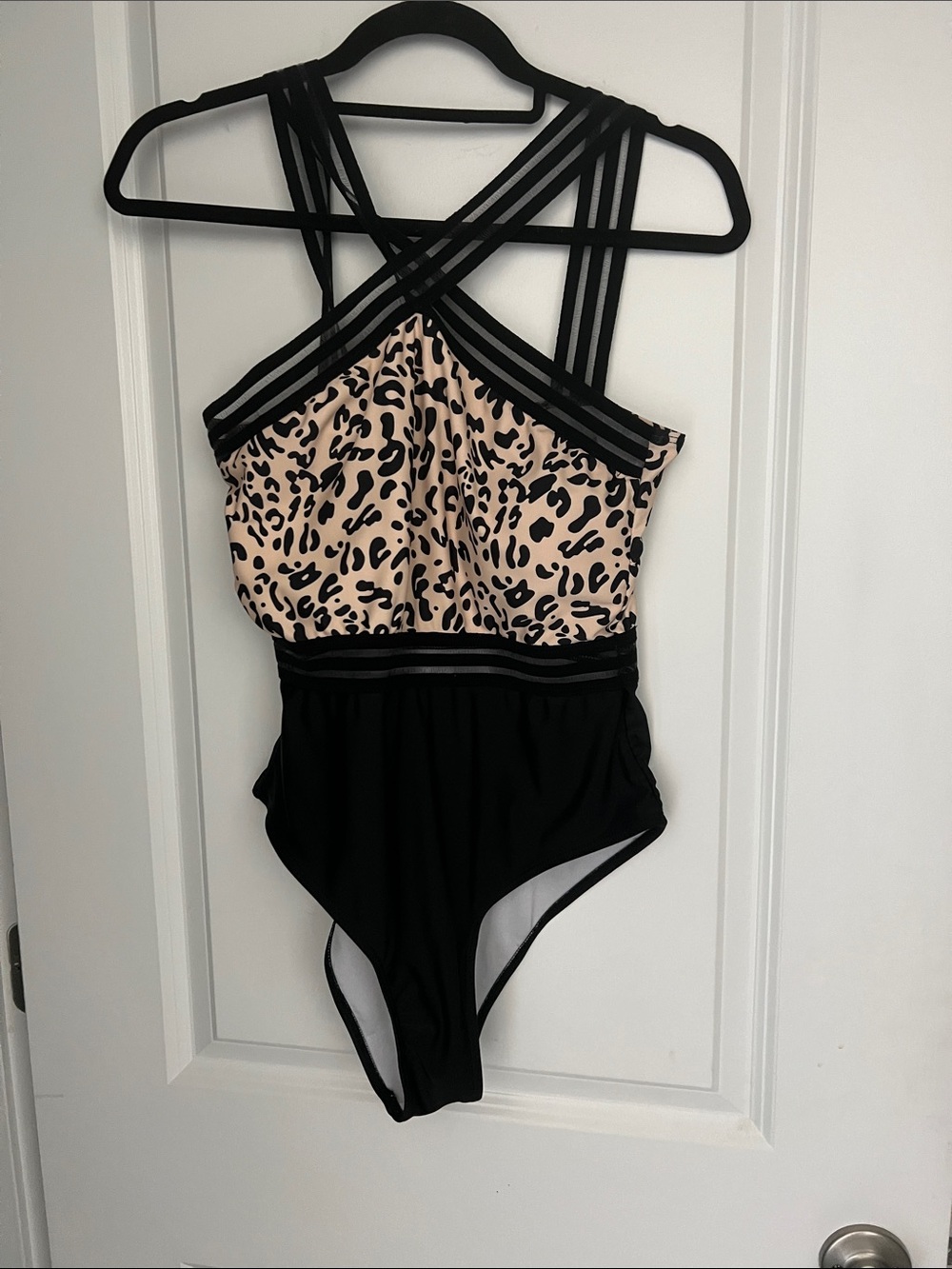 SHEIN Black and Cream Leopard-Print Cross-Strap One-Piece